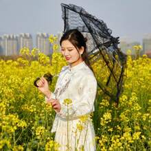 1pc Random Floral Pattern Photography Studio Prop Umbrella, Lace & Flower Design, Small Size Wedding Decor Craft Umbrella Summer Cooling,Beach,Travel