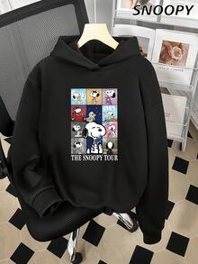 SNOOPY Tour Casual 女士基础款卫衣，卡通印花圆领宽松针织修身款上衣，秋冬款 - 黑色 - 查看 1