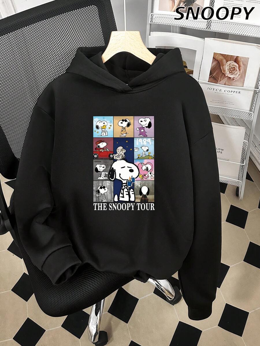 SNOOPY Tour Casual 女士基础款卫衣，卡通印花圆领宽松针织修身款上衣，秋冬款 - 黑色 - 查看 1