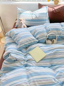 2/3件套浅蓝色条纹学生风超柔软纯色哑光被套枕套套装，床上用品，柔软亲肤被套，不含被芯，适用于双人床、大号床、特大号床，四季皆宜，涤纶材质，家居装饰礼品，可机洗，清新简约学生风被套，适用于双人床、大号床、特大号床、加州特大号床 - 藍白色 - 查看 9