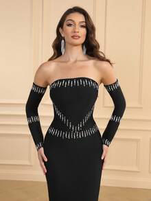 LOVE Aing Women's Black Long Sleeve Rhinestone Slit Elegant Sleeve Gown, Sexy Formal Party Dress For Wedding Guest, Cocktail, Prom
