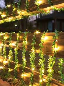 1pc 1/2/5m LED Green Vine Leaf Copper Wire Fairy String Lights, DIY Artificial Flower Wreath, Battery Powered, Wedding Party Holiday Decor Lamp String,Bedroom Wall Decor Leaf String Light,Outdoor Garden Decor LED Light String - Green - View 1