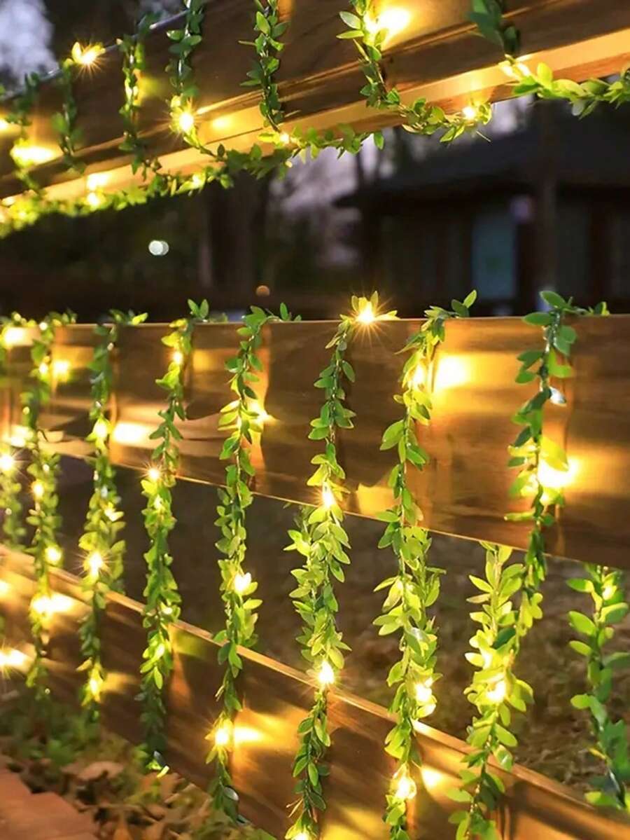 1pc 1/2/5m LED Green Vine Leaf Copper Wire Fairy String Lights, DIY Artificial Flower Wreath, Battery Powered, Wedding Party Holiday Decor Lamp String,Bedroom Wall Decor Leaf String Light,Outdoor Garden Decor LED Light String - Green - View 1