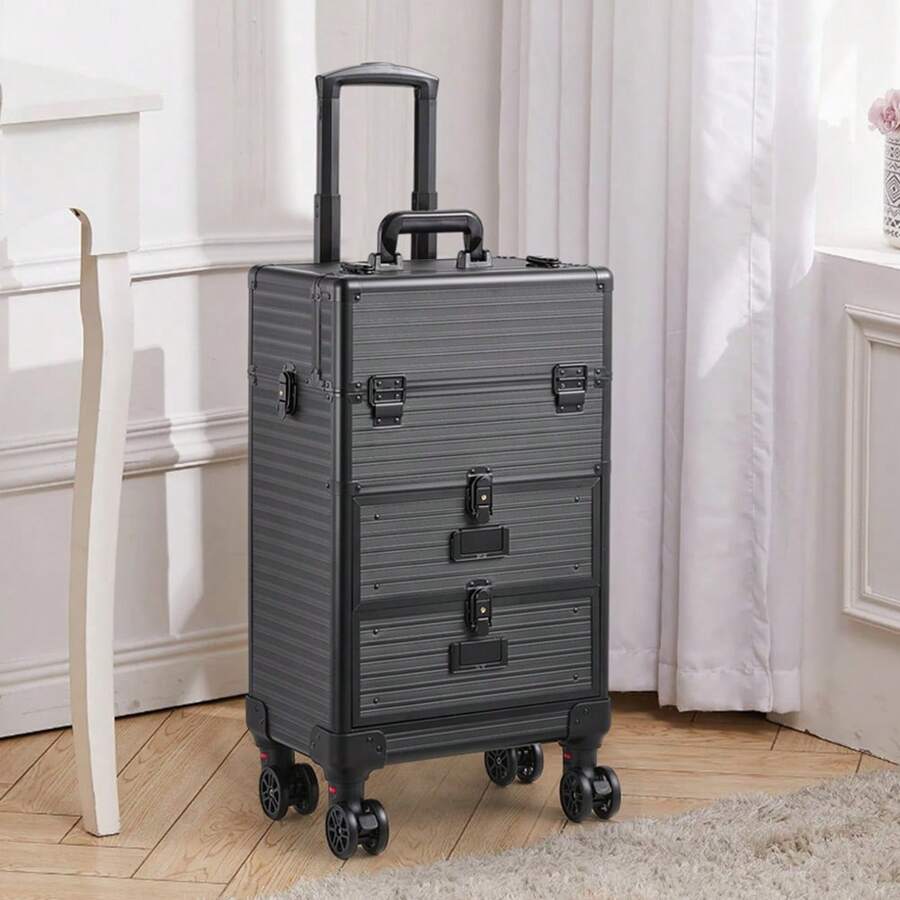 LIVINGANDHOME Living And Home 3-In-1 Luxury Cosmetic Trolley Case - Expandable Makeup Organizer With Lockable Drawers (57cm, Diamond Rose Gold) - Black 37cm W X 24cm D X 56cm H - View 1