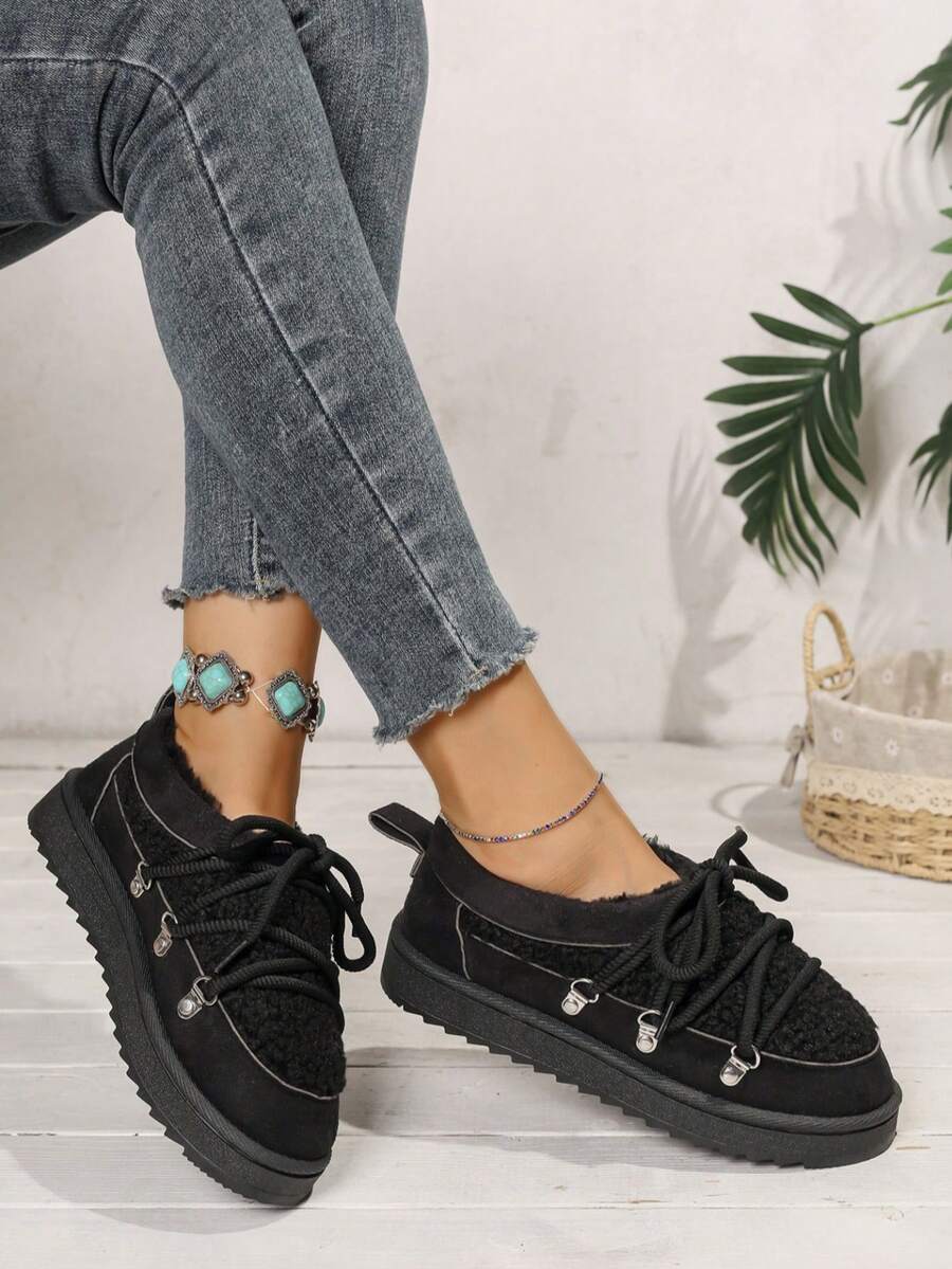 Damen warme Schneestiefel, Lässig Schuhe, neue Samt-Kunstpelz Patchwork Ankle Boots, flache dicke Sohle Schneestiefel für den Winter