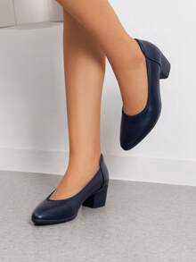 Women's Low Chunky Block Heel Dress Shoes Closed Pointed Toe Comfortable Heels Work Wedding Office Pumps Shoes - 藏蓝色 - 查看 1