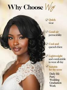 Short Curly Wig, Side Part,Voluminous Natural Curly Hair, No Bangs, Synthetic Fiber Wig, Soft And Comfortable, Suitable For Wedding, Cosplay And Daily Wear. - Black - View 6