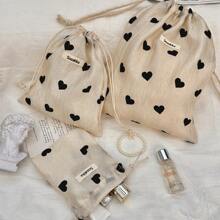 3 件香槟色心形抽绳袋，小物品收纳袋，便携式洗漱包化妆包旅行必备包，适合学校度假度假返校用品化妆包旅行包女士