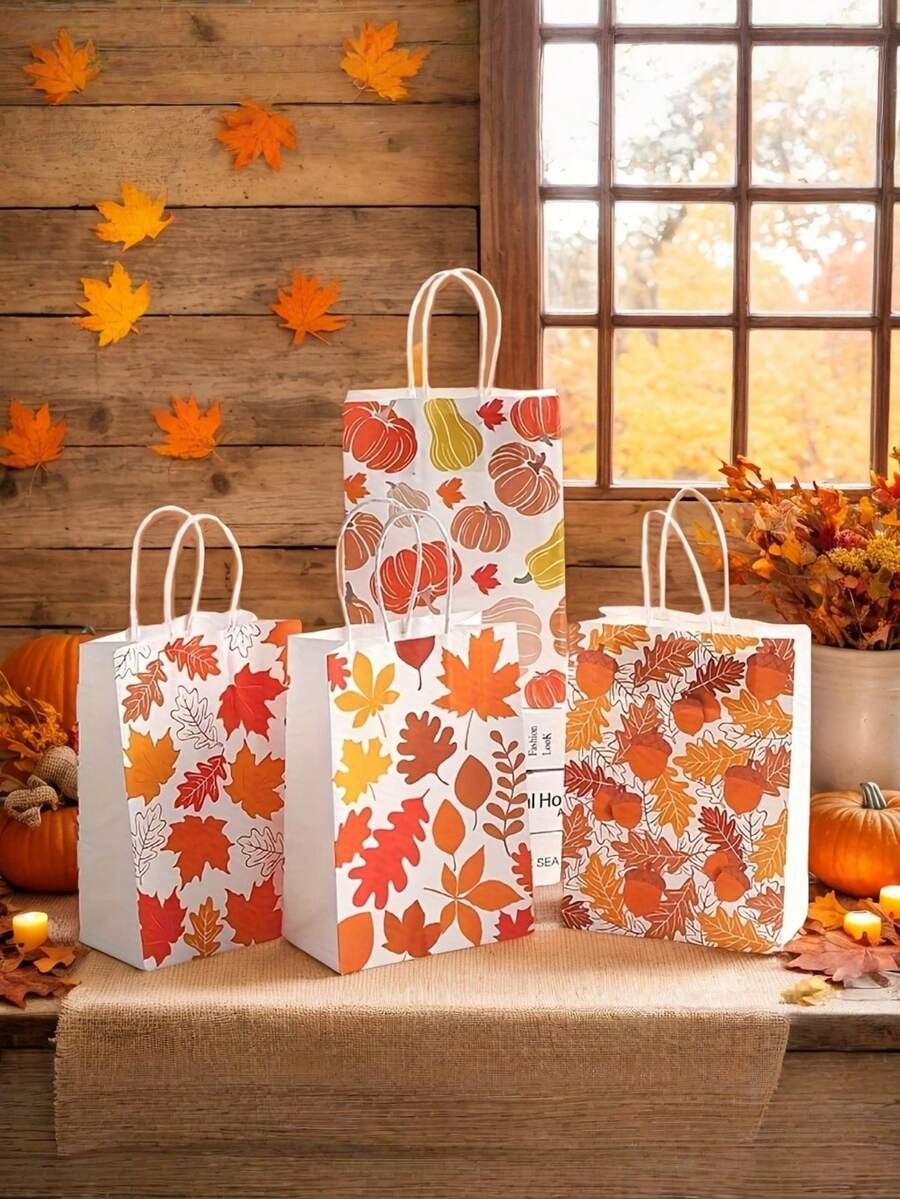 4/8/12 حقيبة هدايا خريفية قابلة لإعادة الاستخدام - حقيبة ورق كرافت مع أنماط أوراق القيقب والقرع، تغليف هدايا موسمي وديكور عيد الحصاد، حقيبة تسوق لمراكز التسوق، حقيبة هدايا حلوى من الورق الكرافت مطبوع عليها أوراق القيقب - متعدد الألوان - مشاهدة 1