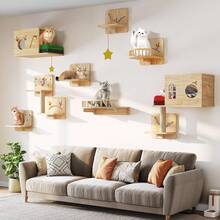 1 件木制猫墙架、猫梯、猫墙楼梯、猫吊床栖木、猫墙家具，最大承重 12 公斤（26 磅） - 杏色 - 查看 4