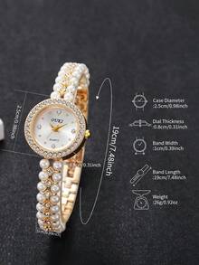 1pc Women's Pearl & Rhinestone Decorated Watch Band With Rhinestone Dial Elegant Quartz Bracelet Watch, Does Not Include Watch Box - 金色 - 查看 3