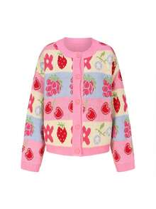 Gilet en tricot pour femmes, nouveau style automne/hiver, décontracté minimaliste, doux et polyvalent, retour à l'école, jacquard confortable, tout-aller, motif de fruits et de fleurs intarsia, col rond mignon