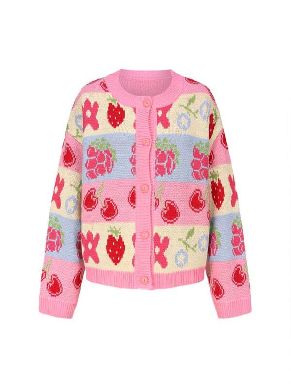 Gilet en tricot pour femmes, nouveau style automne/hiver, décontracté minimaliste, doux et polyvalent, retour à l'école, jacquard confortable, tout-aller, motif de fruits et de fleurs intarsia, col rond mignon