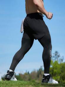 Men's 2-In-1 Sports Pants, Elastic Fitness Trousers With Printed Leg Hems And Pockets, Suitable For Sports, Fitness And Outdoor Cycling - Black - View 7