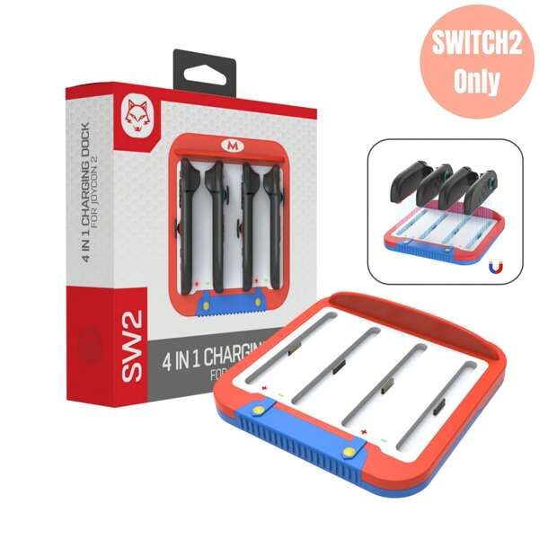 Station de charge double pour Joy-Con : Dock magnétique pour 4 manettes avec indicateurs LED et protection de sécurité - Design mignon de moustache et combinaison en rouge/bleu