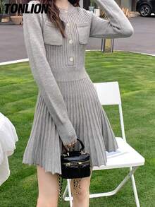 Tonlion 女式纯色圆领长袖褶边优雅修身针织连衣裙，秋冬 - 淺灰色 - 查看 4