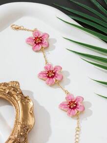 1pc Summer Vacation Style Elegant Pink Oil Drop Flower Shaped Women's Five-Leaf Bracelet, Wedding Gift