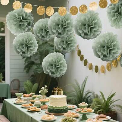12pcs Green Paper Flower Balls, Wedding Party Decor Paper Pom Poms, Birthday Party Background Decoration, Suitable For Holidays, Anniversary, Wedding, Valentine's Day