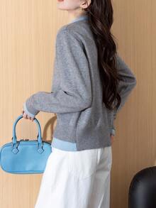 Women's Autumn/Winter Gentle Floral Embroidery Round Neck Sweater Cardigan, 2 In 1 Design - Grey - View 2
