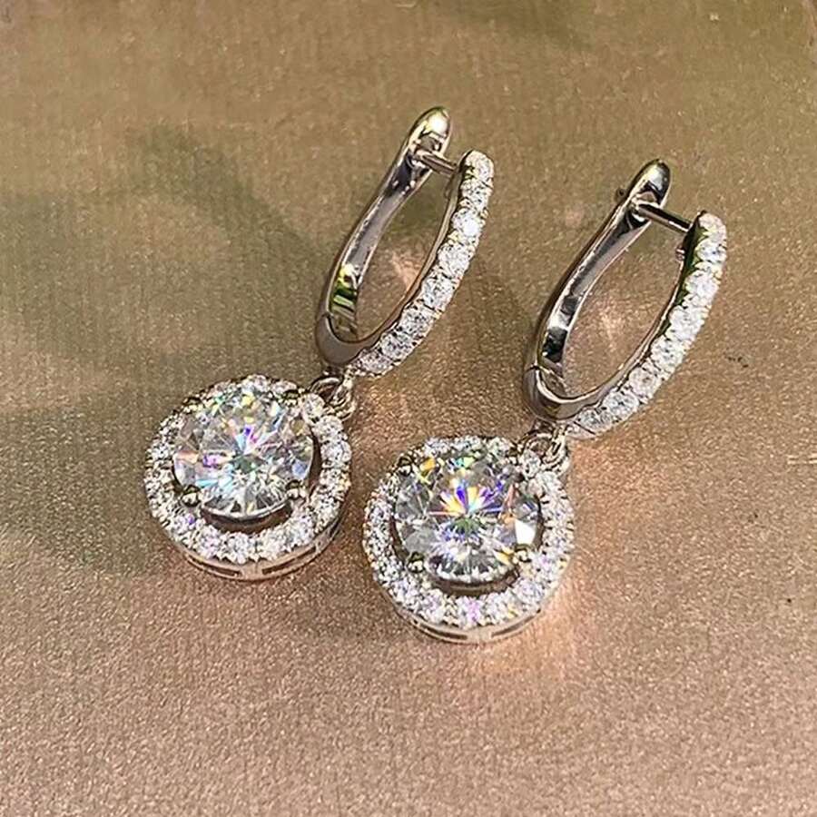 1 Pair Fashionable Minimalist Round Dangle Earrings, Elegant Cubic Zirconia Embellished Earrings, Suitable For Women, Weddings, Engagements, Anniversaries, Parties, Valentine's Day Gifts, Saudi National Day Gifts - Silver - View 1