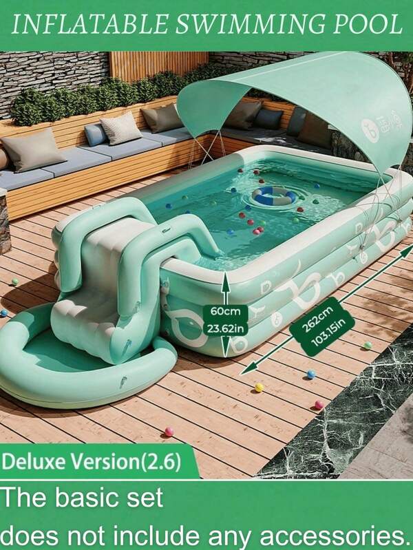 1 set groot luxe opblaasbaar zwembad - Familievriendelijk zomerzwemcentrum voor buiten - Gemaakt van duurzaam PVC-materiaal, eenvoudig te installeren, snel op te blazen en voorzien van een leuk patroon. Perfect voor zomers vermaak in de achtertuin en zwemfeestjes! Heerlijke zomer! Optioneel verkrijgbaar: grote glijbaan/zonnescherm! De basisset bevat geen accessoires.