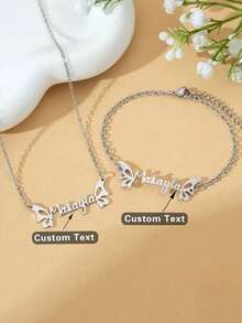 2 Stücke personalisierte Edelstahl Schmetterling Halskette und Armband Set mit individuellem Namen - perfektes Geschenk zum Valentinstag und Jahrestag - minimalistisches Modedesign, geeignet für Dekoration, multifunktional, dekorativ, Buchstabe, Mode, modern, farbig, süß, charmant, lässig, personalisiert, einzigartig, anpassbar, Sohn