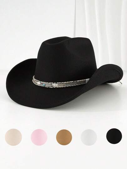 1pc Unisex Western Cowboy Hat With Hand-Woven Feather Trim Straps, Perfect For Outdoor Cycling, Hiking, Self-Driving, Parties, And As A Denim Accessory.