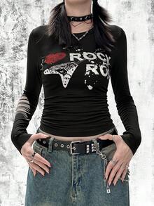 Rikumo 女士时尚街头朋克Y2K风格“心形，吉他”英文印花个性化圆领长袖T恤 冬季 - 黑色 - 查看 3