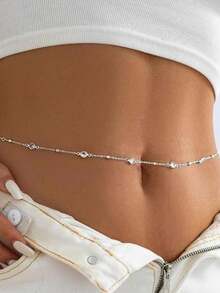 1pc Silver Simple Sexy Transparent Rhinestone Waist Chain, Crystal Bikini Body Chain - Silver - View 9