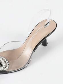 Women's Pearl Bow Decor Business & Social Wear Pearl Bow Decor Pointed Toe Mid-Calf Transparent Strap Stiletto Heel Pearl Bow Decor High Heel Sandals, Elegant Style For Workplace, Business, Office, Social Gatherings, All Seasons, Black & White - Black - View 8