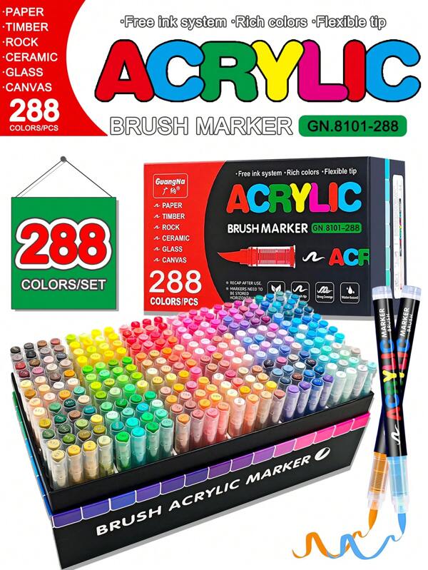GuangNa 288/240/168/120 Color Direct Liquid Acrylic Marker Pens, Students Use Art Professional Drawing Drawing Color Soft-Head Marker Paper-Tight Stackable Diy Graffiti Coloring Book Coloring Pen Can Draw Glass Stone Waterproof Body Painting Brush Christmas Gift