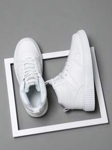 Men's High-Top Flat Sports Shoes, Lace-Up Solid Color Men's Outdoor Skate Shoes, 2024 New Casual Shoes For Men, Suitable For Outdoor Activities, Dating, All Seasons - White - View 3