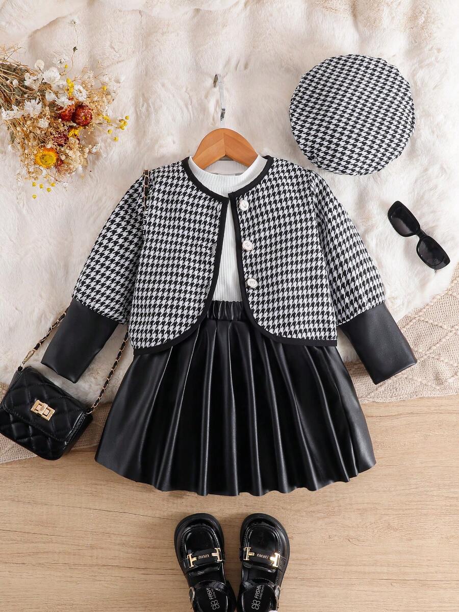 Infant/Toddler Girls 3pcs Set: Plaid Rose Button Detail Fashion Skirt, Beret Hat, Versatile Chic For Daily, Outdoor, School, Vacation, Commute, Spring/Autumn