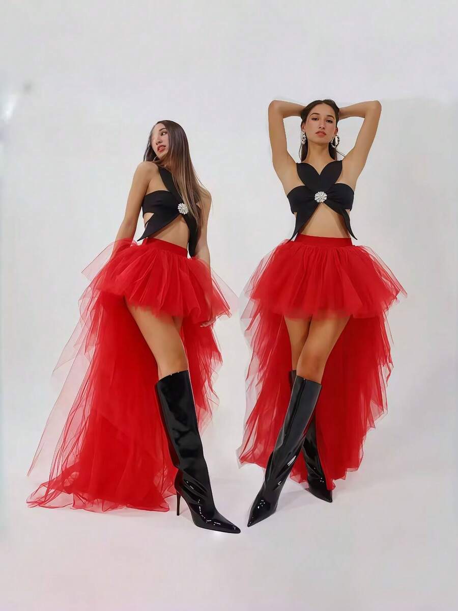 1pc Women's Asymmetric Hem Red Gothic Style Tulle Skirt, 4-Layer Mesh + 1 Lining, Maxi Length, Suitable For Wedding, Party, Performance, Cosplay