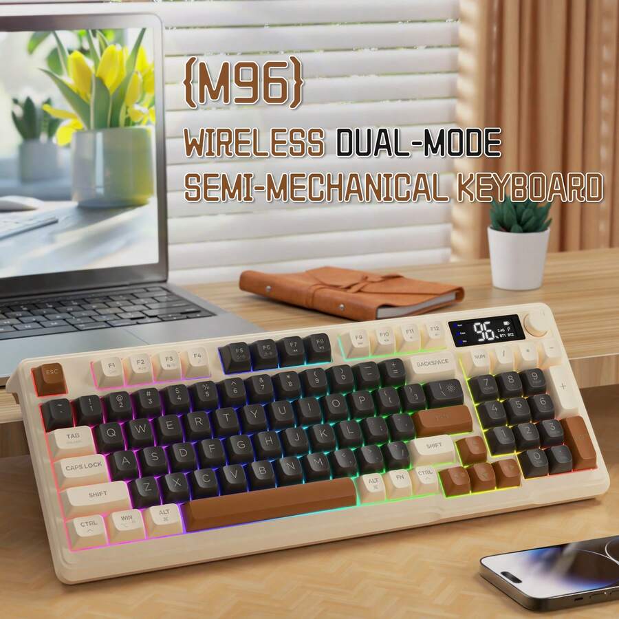 ATTACK SHARK X FREEWOLF M96 无线游戏键盘，旋钮控制蓝牙/2.4G 无线机械手感键盘，RGB LED 背光带显示屏，PBT 键帽，3000mAh，美式布局，适用于 Win/PC - 彩色 - 查看 1