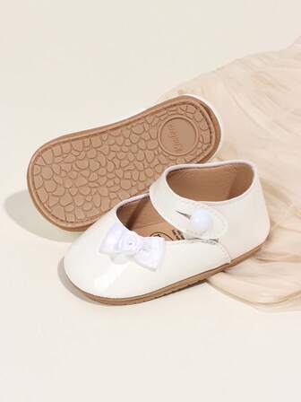 1 par de zapatos planos sin deslizamiento de PU con decoración de lazo para niñas bebés, estilo princesa dulce de Mary Jane, adecuados para primavera y otoño