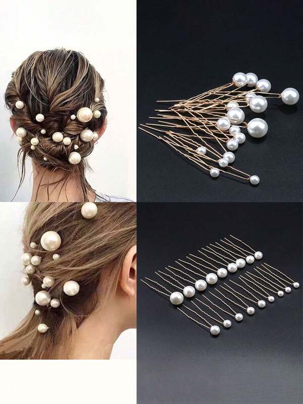 18pcs Mixed Gold Color Pearl Hair Clips, Bridal Hairstyle Accessories, Claw Clips