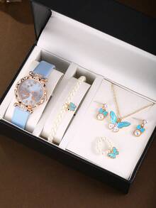 Conjunto de 6 peças de relógio de quartzo feminino elegante, casual, estilo universitário, com colar de pérolas e borboletas, pulseira, brincos e anel, várias opções de cores, presente para irmã combinando, adequado para uso diário, presente perfeito para ela na volta às aulas - Ouro - Ver 7