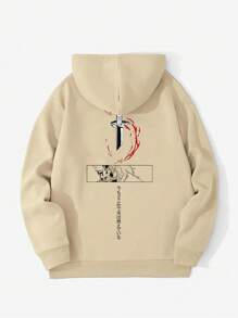 Felpa con cappuccio casual con stampa giapponese, vestibilità ampia, con tasche, maniche lunghe, da uomo