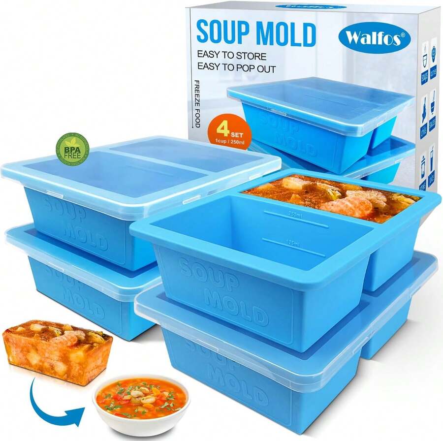 1-Cup Silicone Freezer Molds With Lid, 4 Packs Soup Freezer Ice Cube Tray For Food, Silicone Food Freezing Container For Storing And Freezing Soup, Broth, Sauce And Ice.,9821814 - 芥末黃 - 查看 1