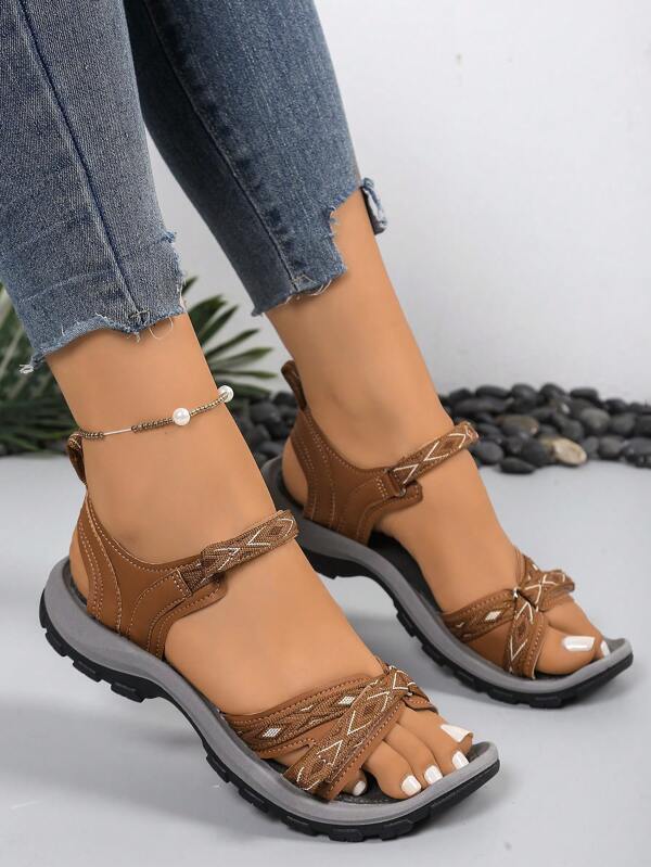 Women's Outdoor Sandals Beach Shoes, Contrast Color Strap With Hook And Loop, Massage Footbed, Dual-Color Anti-Slip Durable Outsole, Sports Sandals