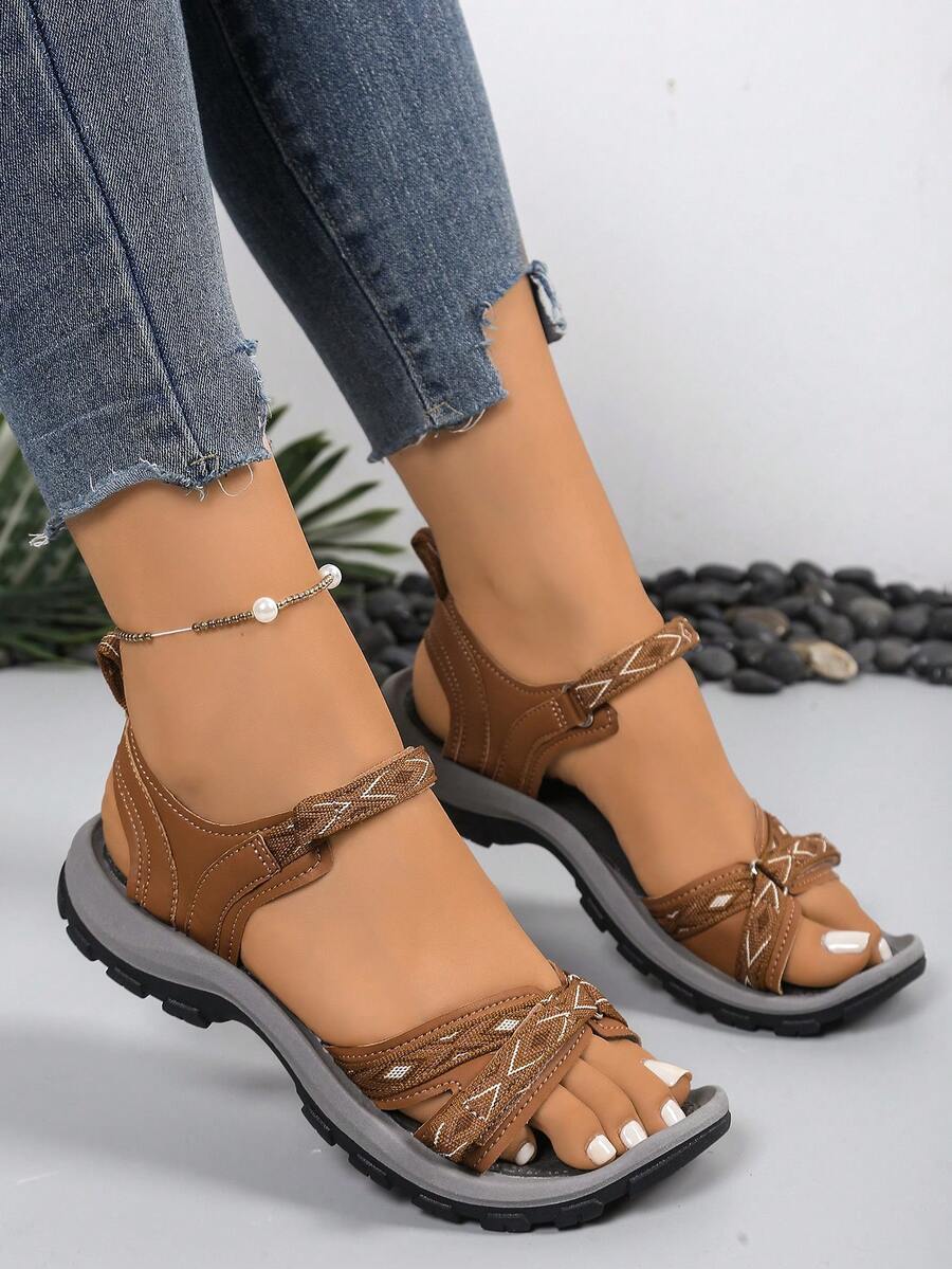 Women's Outdoor Sandals Beach Shoes, Contrast Color Strap With Hook And Loop, Massage Footbed, Dual-Color Anti-Slip Durable Outsole, Sports Sandals