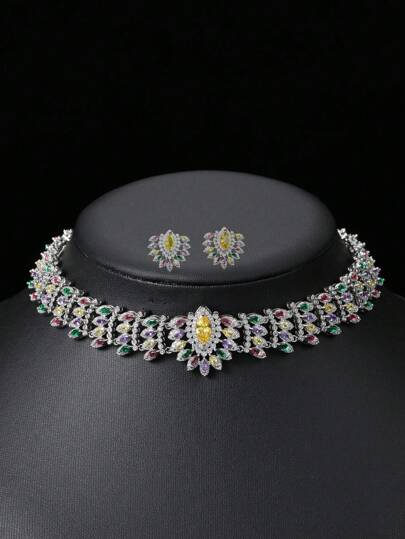 1 Set Of 3pcs European & Middle Eastern Fashion Colorful Zirconia Necklace Earrings Set, Copper Gold Plated Choker Necklace, Bridal Engagement Party Luxury Jewelry, Wing Decor For Women Holiday Wear