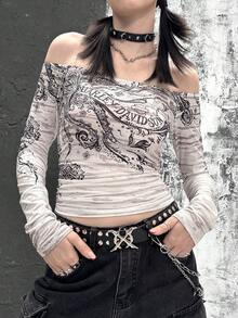 Rikumo 女士休闲时尚Y2K街头风印花修身长袖上衣（冬季款） - 彩色 - 查看 2