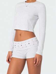 Women Y2K Studded Foldover Micro Shorts Vintage Low Waist Slim Fit Mini Shorts Summer Boxer Short Party Clubwear - Xám - Xem 2
