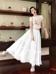 Women's Lace Patchwork A-Line Skirt, Sweet Style For Spring/Summer - White - View 5