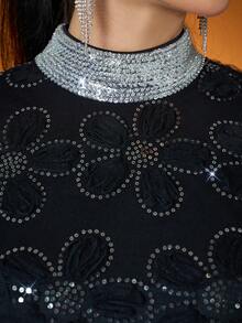 3D Floral Embroidered Pearl Collar Lantern Sleeve Elegant High Neck Illusion Prom Dress, Suitable For Prom, Wedding, Party, Wedding Guest, Evening Gown - Black - View 6