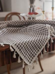 1pc Checkered Green Print Tablecloth, Bohemian Casual Fresh Style Dining Table Cover, Suitable For Hotel, Restaurant, Bedroom, Living Room, Party, Outdoor Gathering, Holiday Decor,Fall Decor,Autumn Decor,Room Decor