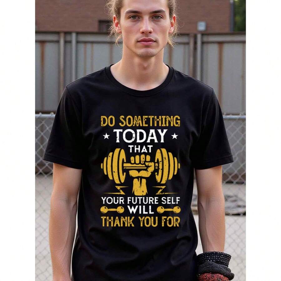 Fine Quality Natee Local Warehouse Permission Motivational Fitness Tee: Do Something Today For Future You, Men's T-Shirt,100% Cotton Fabric,Crew Neck,Short Sleeve,Regular Fit,All-Season Casual Wear,180gsm-Ideal For Valentines New Year's Day Father's Day Christmas - 黑色 - 查看 1