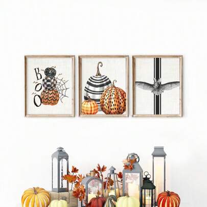 3 piezas de arte de pared, pósteres con opción de marco IMPRESOS, Juego de 3 impresiones artísticas de bruja y calabazas de Halloween - Juego de impresiones artísticas de otoño, impresas y enviadas